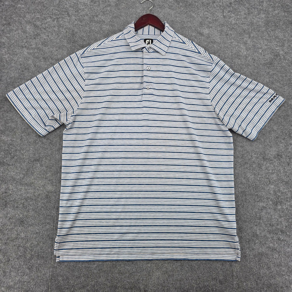 FootJoy Mens XL Blue White Striped Golf Polo Shirt Mack Trucks Logo Stretch